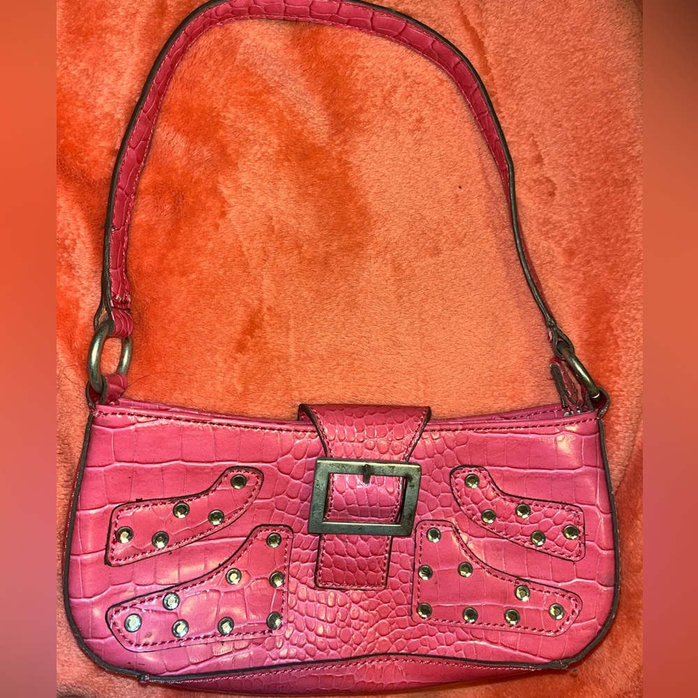 Y2k Pink Croc Shoulder Bag with Diamond Studded accent
